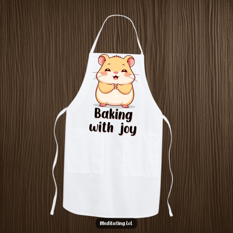 Funny cheerful hamster apron, a comical illustration of a hamster holding paws together in stillness, for kitchen cuteness.