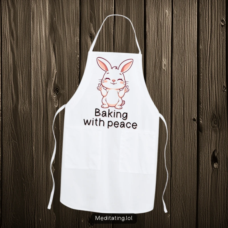 Funny bunny apron showing a playful bunny peacefully holding its paws in a mudra, ready for kitchen creations with gentle humor.