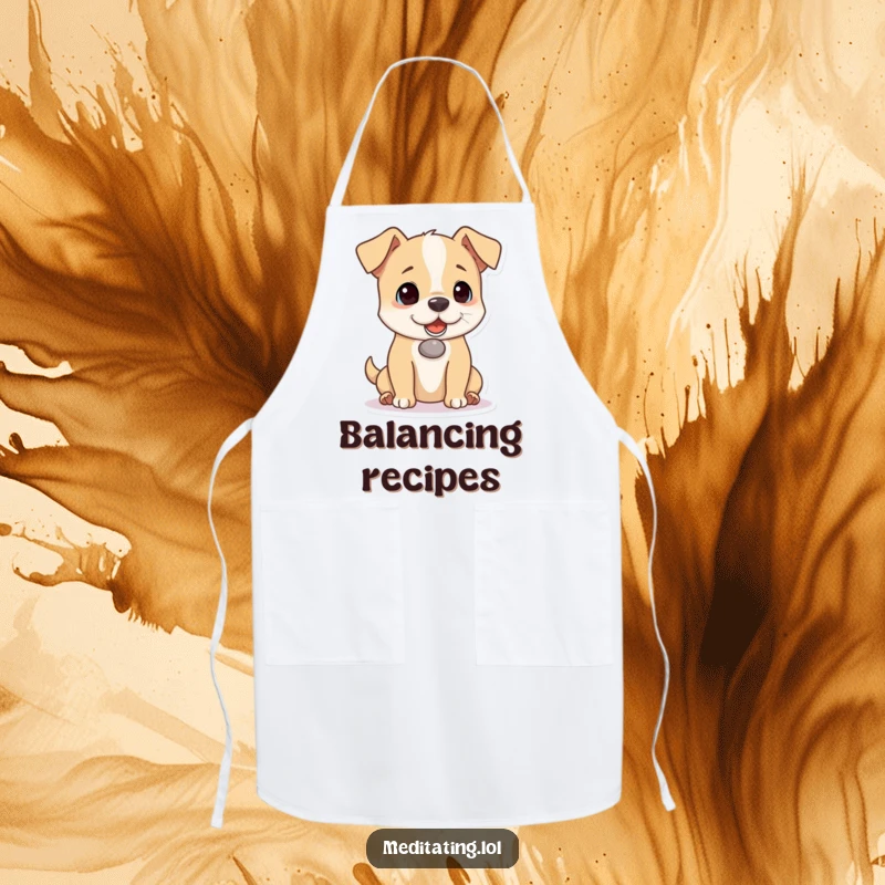 Funny dog apron showcasing a playful dog balancing a tiny pebble on its nose, perfect for kitchen protection and a humorous gift for cooks.