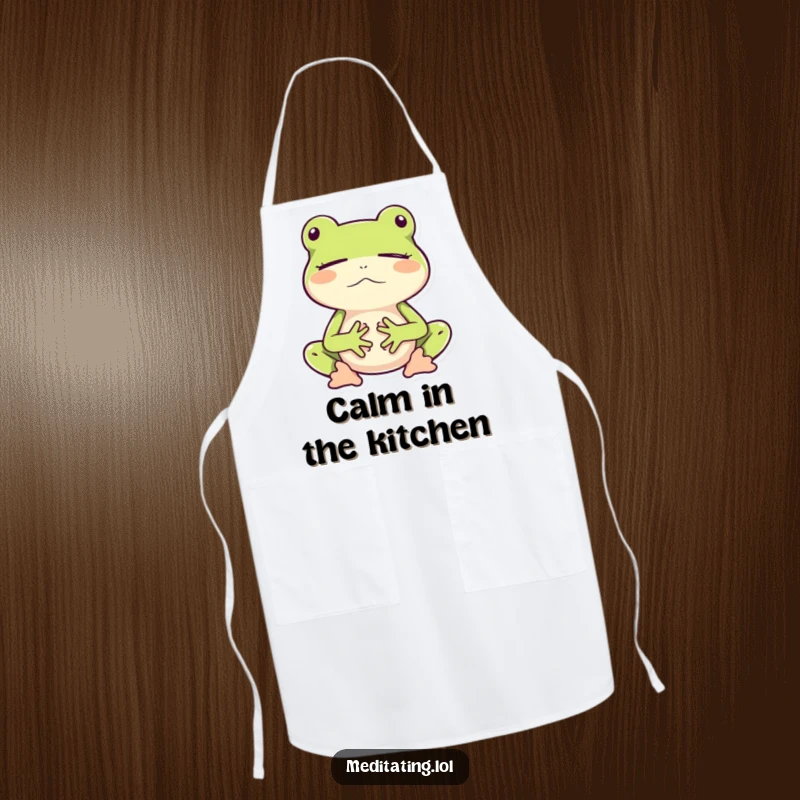 Funny apron showing a frog meditating peacefully while bouncing, ideal for adding humor to kitchen tasks.