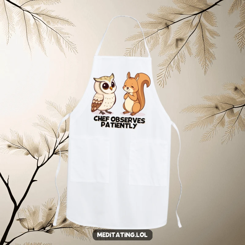 Funny Apron featuring a curious owl observing a meditating squirrel, bringing humor and nature to the kitchen.