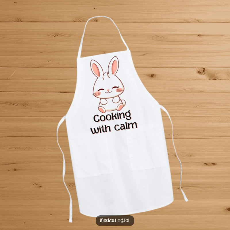 Funny apron with a cheerful rabbit breathing deeply, serene expression, bringing peaceful humor to kitchen tasks.