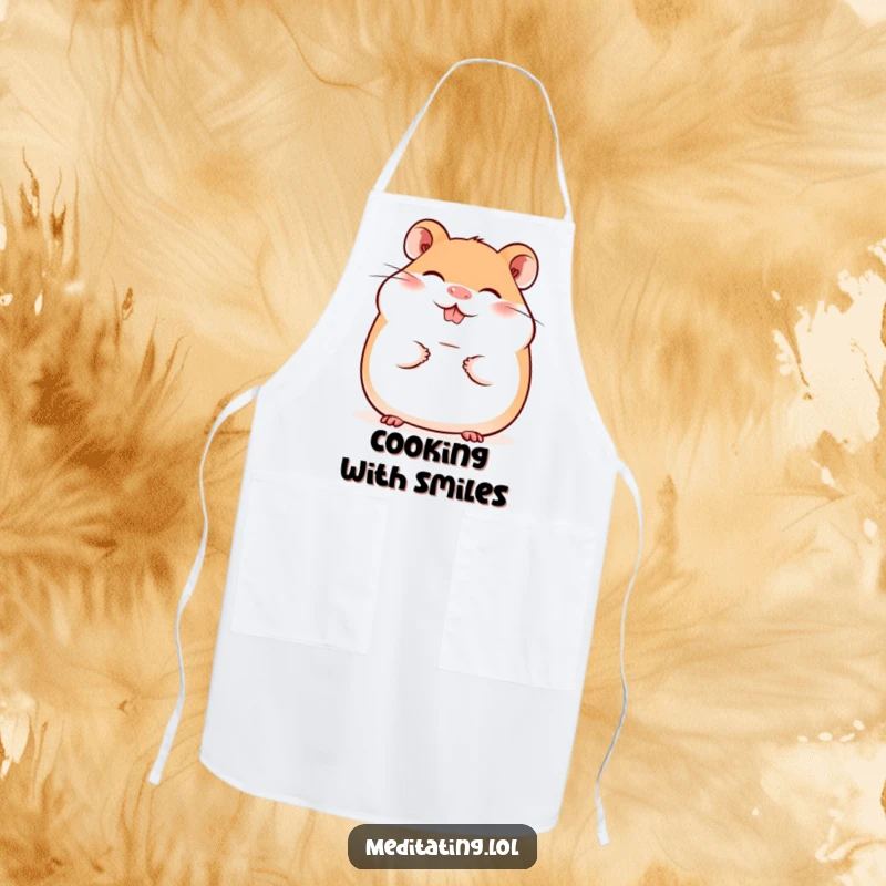 Funny apron featuring a giggling hamster with a peaceful smile, perfect for cheerful cooking and baking sessions.