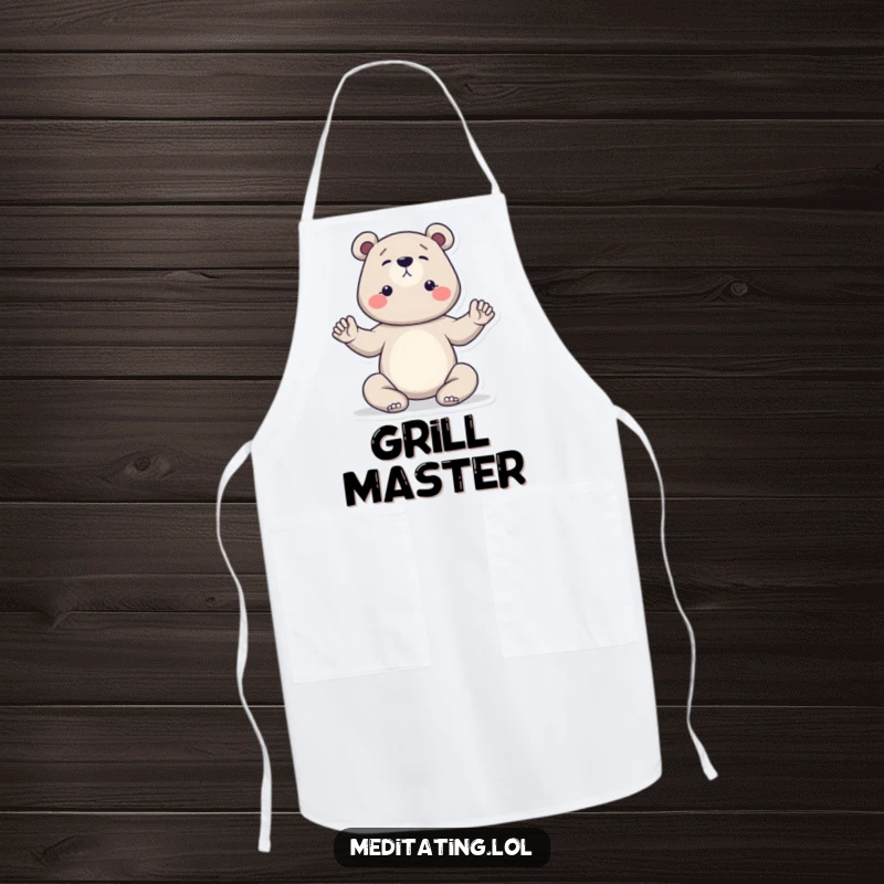Funny bear yoga apron showcasing a determined bear holding a yoga pose with serene focus, ideal for kitchen protection and a humorous gift.