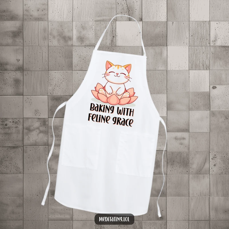 Funny cat apron showing a cheerful cat in a serene lotus yoga pose, ready for kitchen creations with peaceful humor.