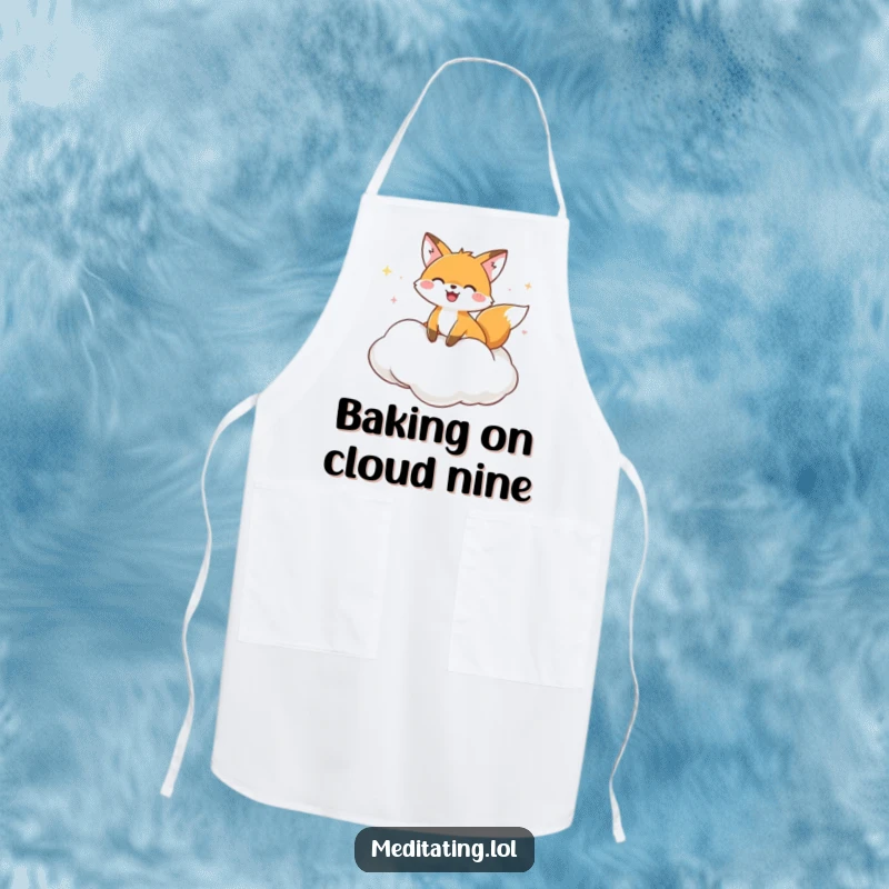 Funny Apron illustrating a joyful fox floating on a cloud cushion, adding humor to kitchen activities.