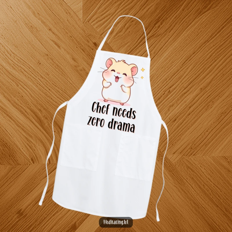 Funny hamster apron showing a cheerful hamster meditating and wafting distractions, adding humorous and practical flair to cooking sessions.