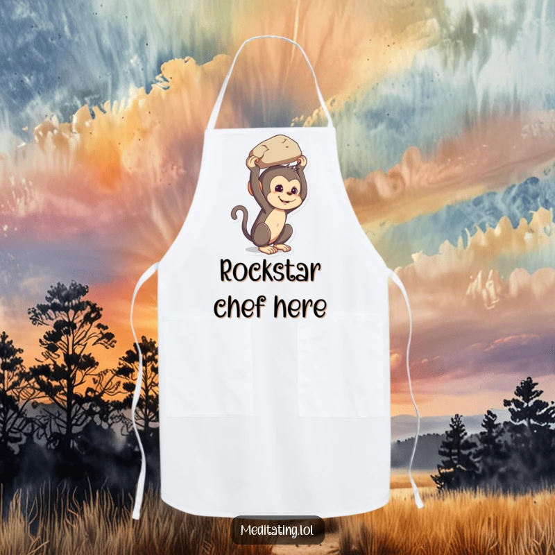 Funny mischievous monkey apron, a comical illustration of a primate balancing a rock on its head, for kitchen humor.