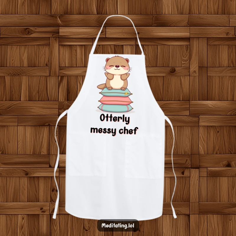 Funny otter apron showing an otter balancing on cushions, a humorous accessory for calm and collected chefs.