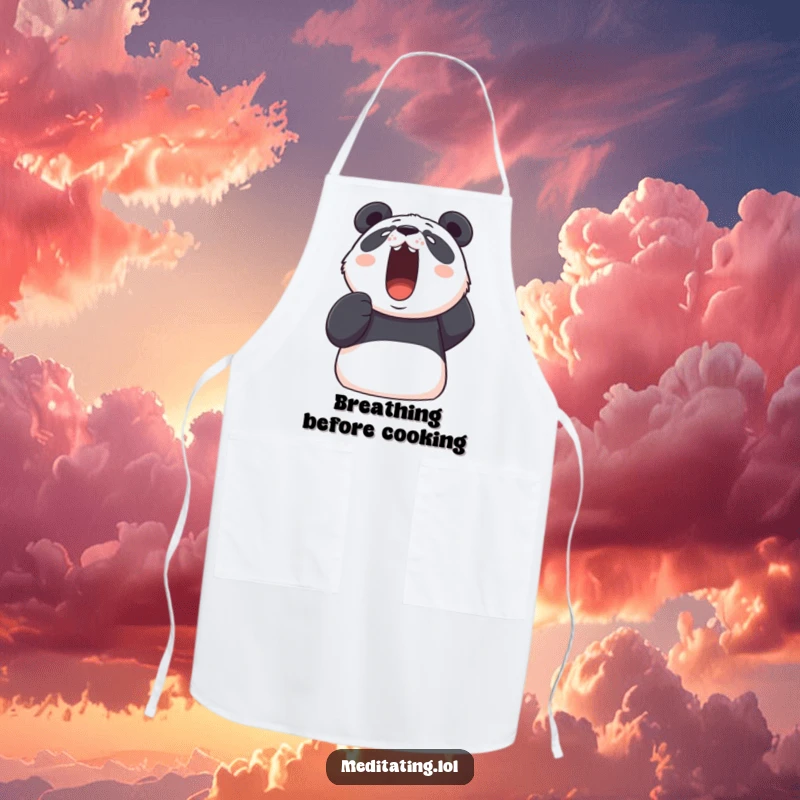 Funny panda apron showing a determined panda taking a deep, visible breath upwards, ready for kitchen tasks with humor.