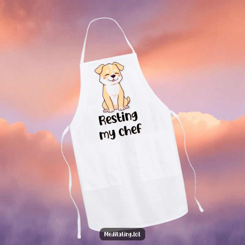 Funny dog apron with a proud dog sitting upright with eyes closed, offering a peaceful and humorous kitchen accessory.