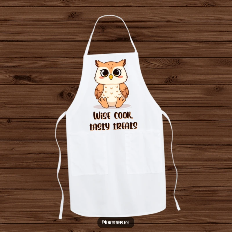 Funny owl apron showing a wise owl meditating, adding a humorous and serene touch to kitchen adventures while keeping clothes clean.