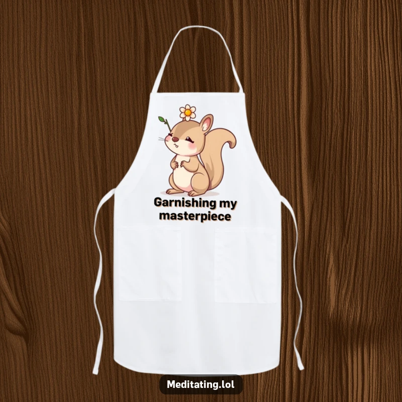 Funny apron with a determined squirrel balancing a small flower on its head, perfect for adding humor to kitchen tasks.