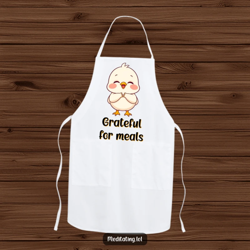 Funny chick apron with a delighted chick holding hands, offering a peaceful and humorous kitchen accessory.