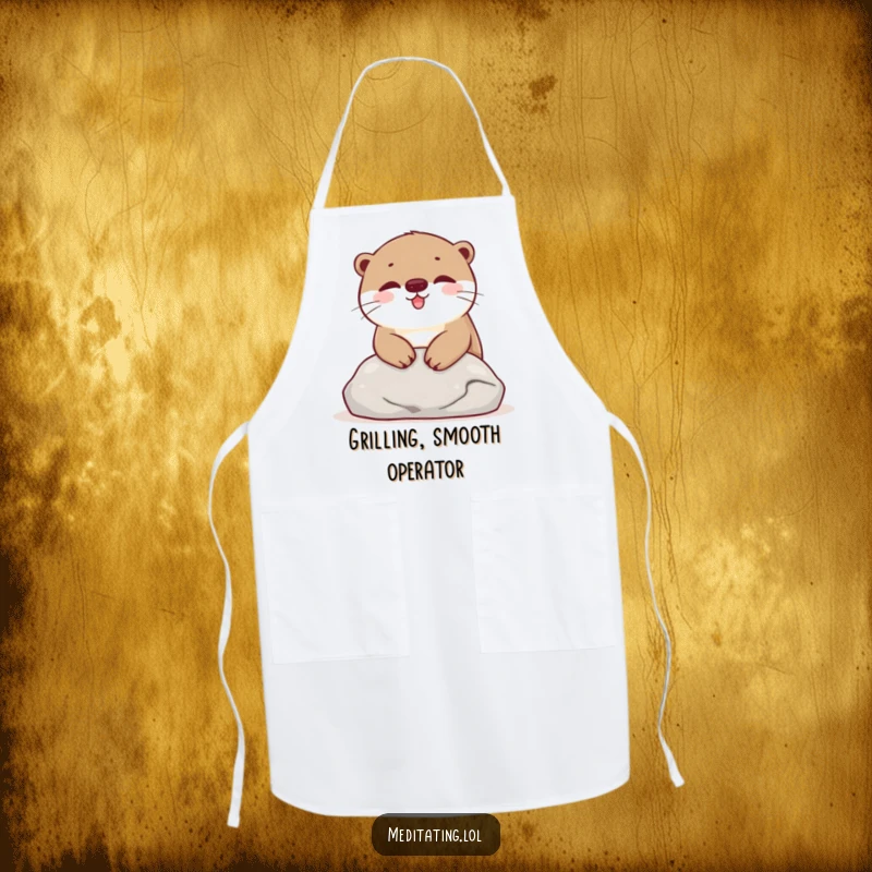 Funny Apron illustrating a happy otter resting on a stone, adding humor and relaxation to kitchen tasks.