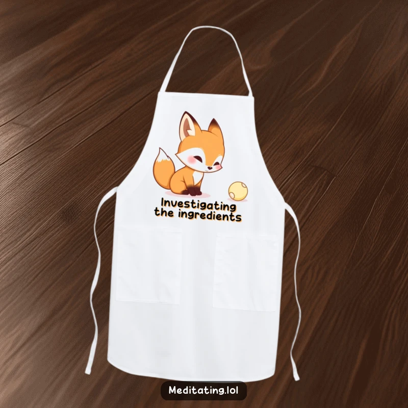 Funny apron with a curious fox contemplating a tiny bouncing ball, perfect for adding humor to kitchen tasks.
