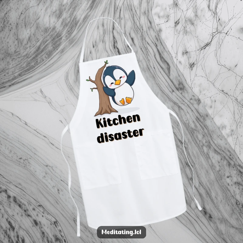 Funny penguin apron showcasing a silly penguin hilariously falling over while attempting a tree pose, ideal for kitchen protection and a humorous gift.