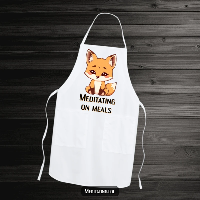 Funny Apron: A curious fox with raised eyebrows meditates deeply, bringing a zen humor to the kitchen.