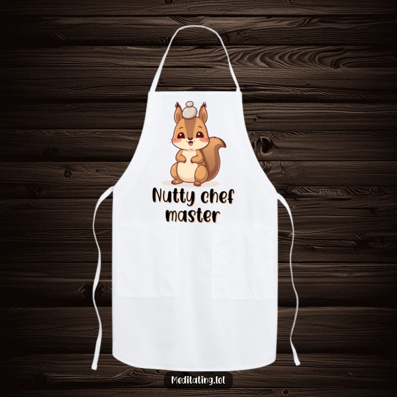 Funny apron with a happy squirrel expertly balancing a tiny pebble on its forehead while cooking.