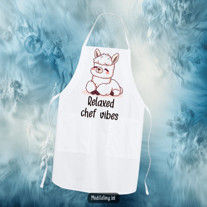 Funny Llama Relax Apron: A comfortable apron with a content llama resting its head on its knees, ideal for relaxed cooking.