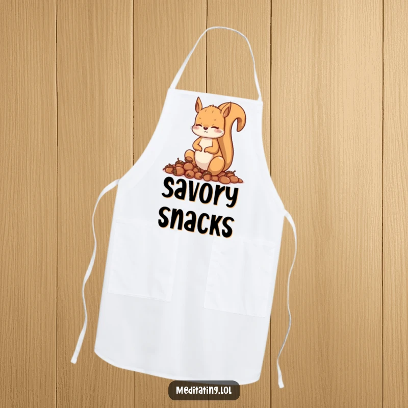 Funny squirrel apron, a curious squirrel meditating with acorns, ideal for kitchen tasks. A humorous culinary accessory.