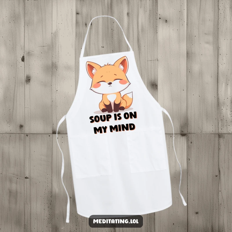 Funny curious fox apron, a comical illustration of a fox with eyes closed in deep contemplation, for kitchen thoughtfulness.