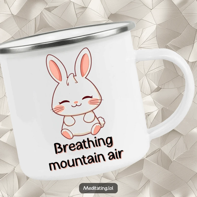 Funny enamel camping mug of a cheerful rabbit breathing deeply, serene expression, for calm outdoor enjoyment.