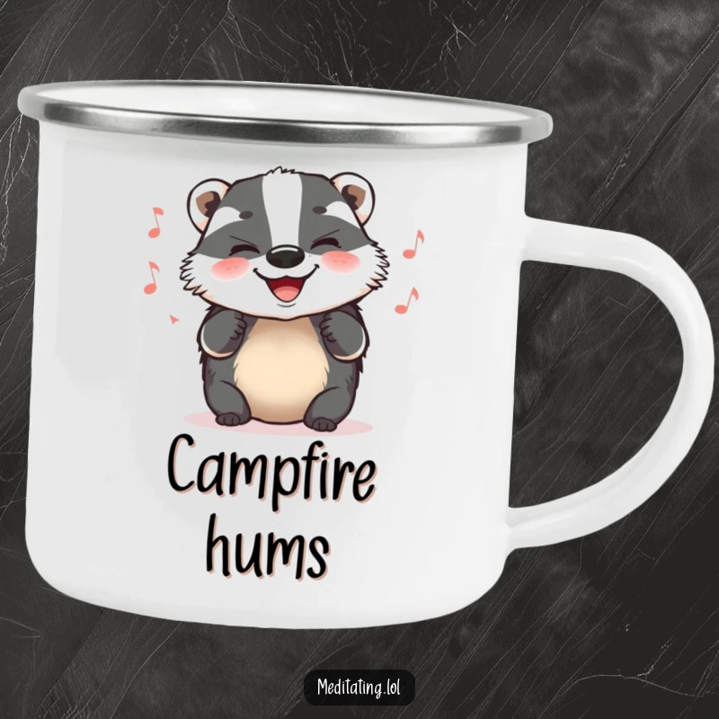 Funny Camping Mug showing a grinning badger humming a tune, perfect for outdoor enthusiasts who love to sing.