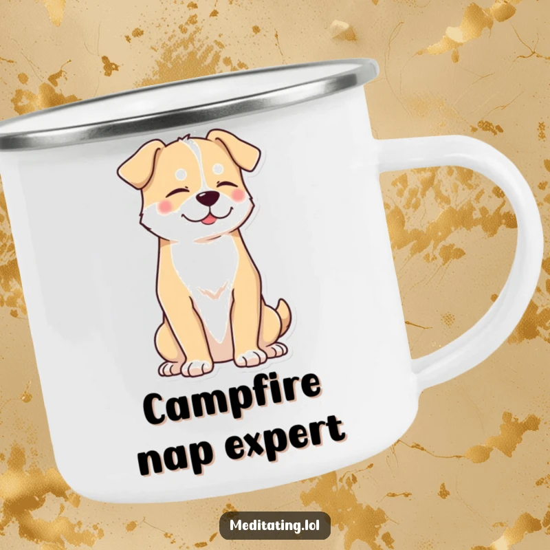 Funny dog camping mug with a proud dog sitting upright with eyes closed, radiating calm, perfect for outdoor tranquility.