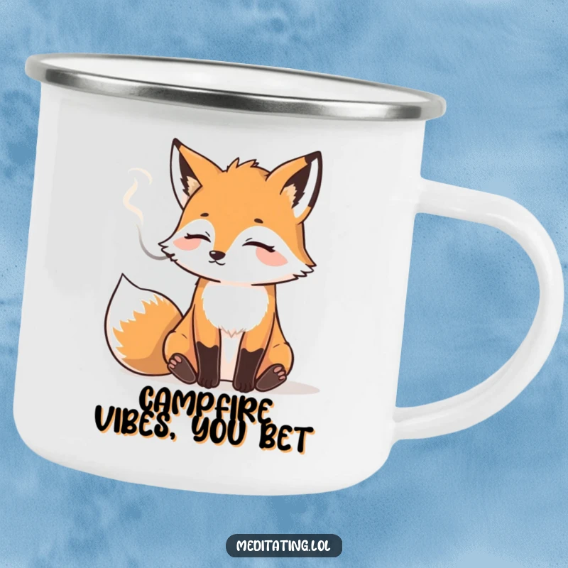 Funny camping mug featuring a relaxed fox exhaling smoke, ideal for enjoying humorous moments outdoors.