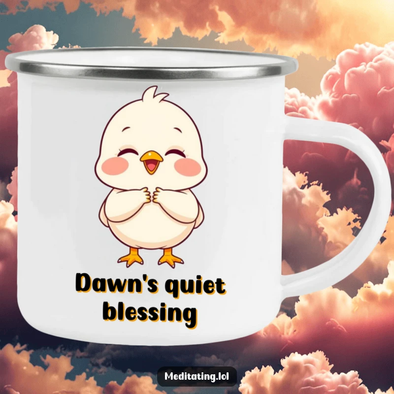 Funny chick camping mug with a delighted chick holding hands, radiating peace, perfect for outdoor appreciation.