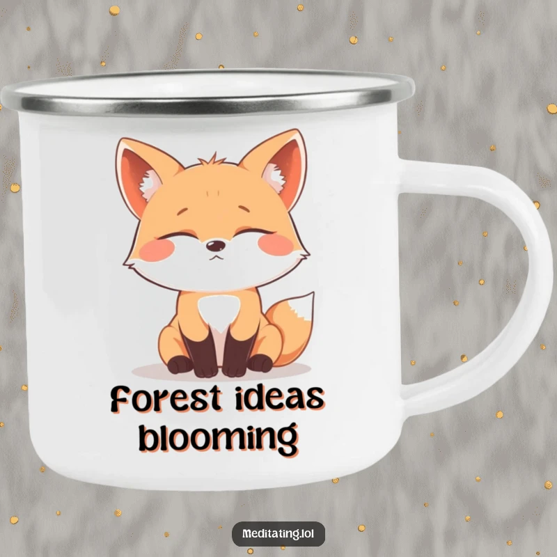 Funny curious fox camping mug, illustration of a fox with closed eyes in deep contemplation, for outdoor reflection.