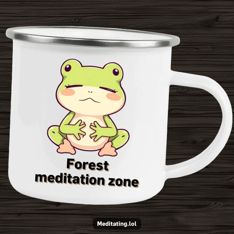 Funny camping mug featuring a frog meditating peacefully while bouncing, ready for outdoor calm.