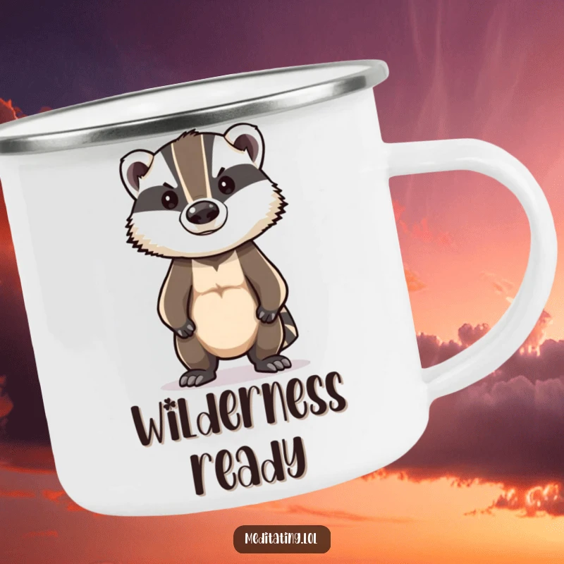Funny Badger Camp Mug: Brave badger standing tall in a stoic posture, perfect for outdoor drinks with a humorous twist.