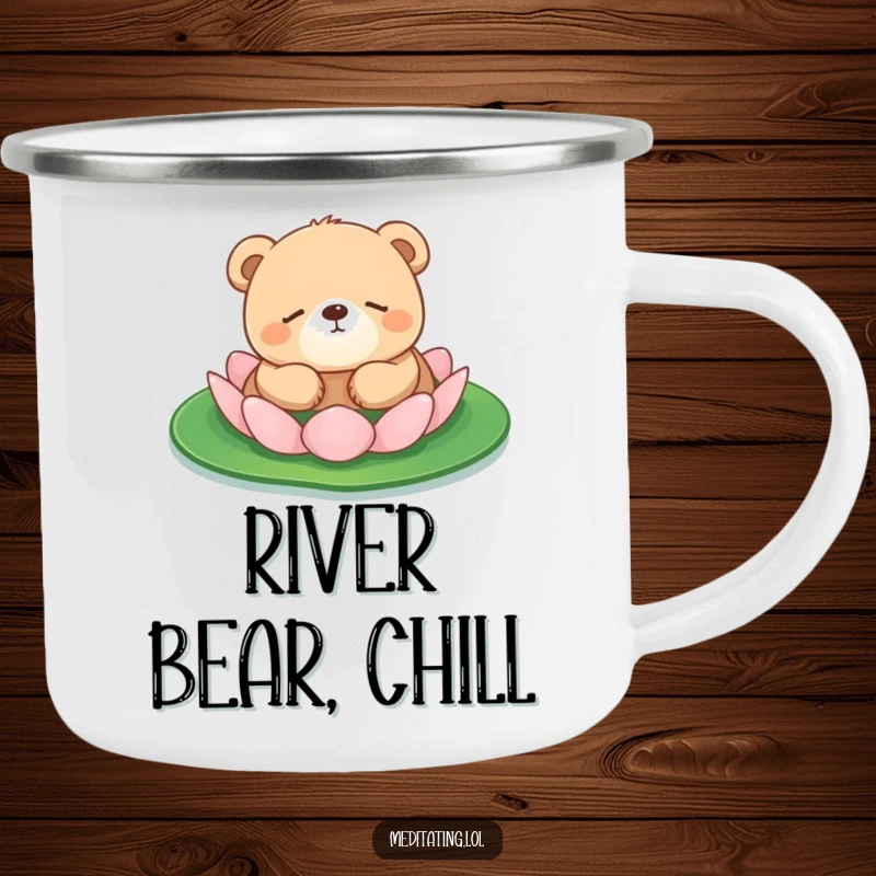 Funny bear cub camping mug showing a bear cub sleeping on a lily pad, built for serene outdoor enjoyment.