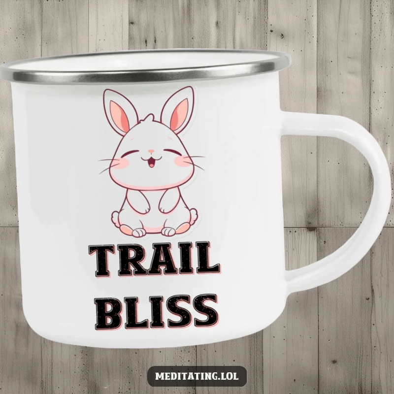 Funny rabbit camping mug, durable, featuring a cheerful bunny with eyes closed, taking a deep, blissful breath, perfect for outdoor relaxation.