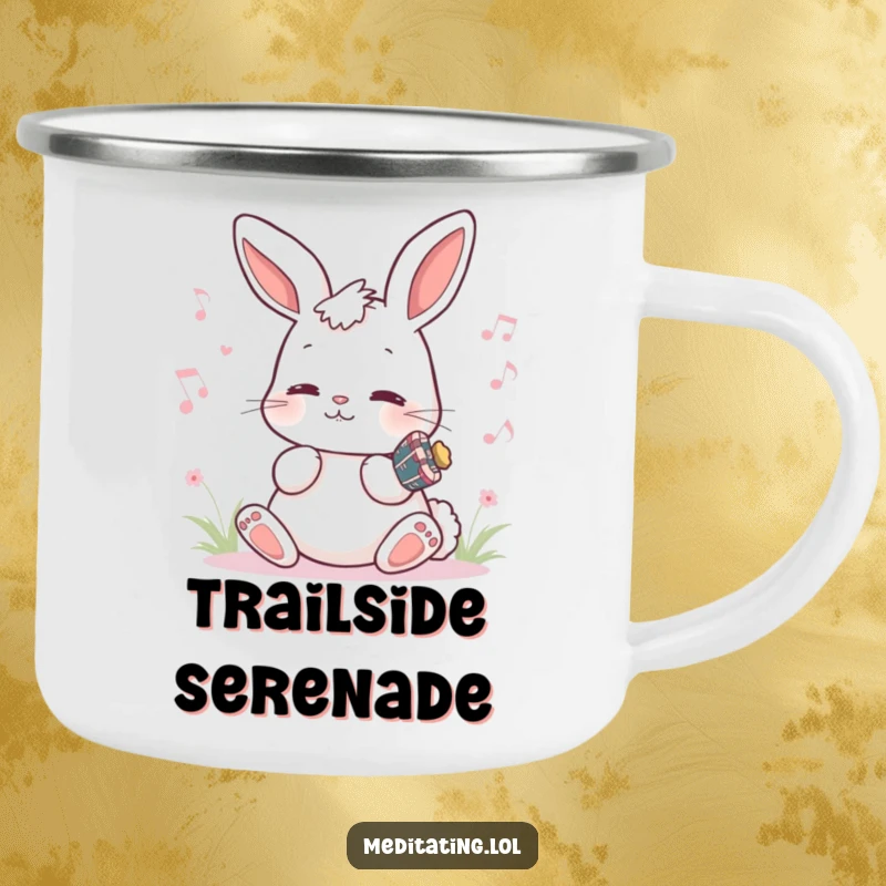 Funny Bunny Camp Mug: Playful bunny humming a peaceful melody, perfect for outdoor drinks with a musical twist.