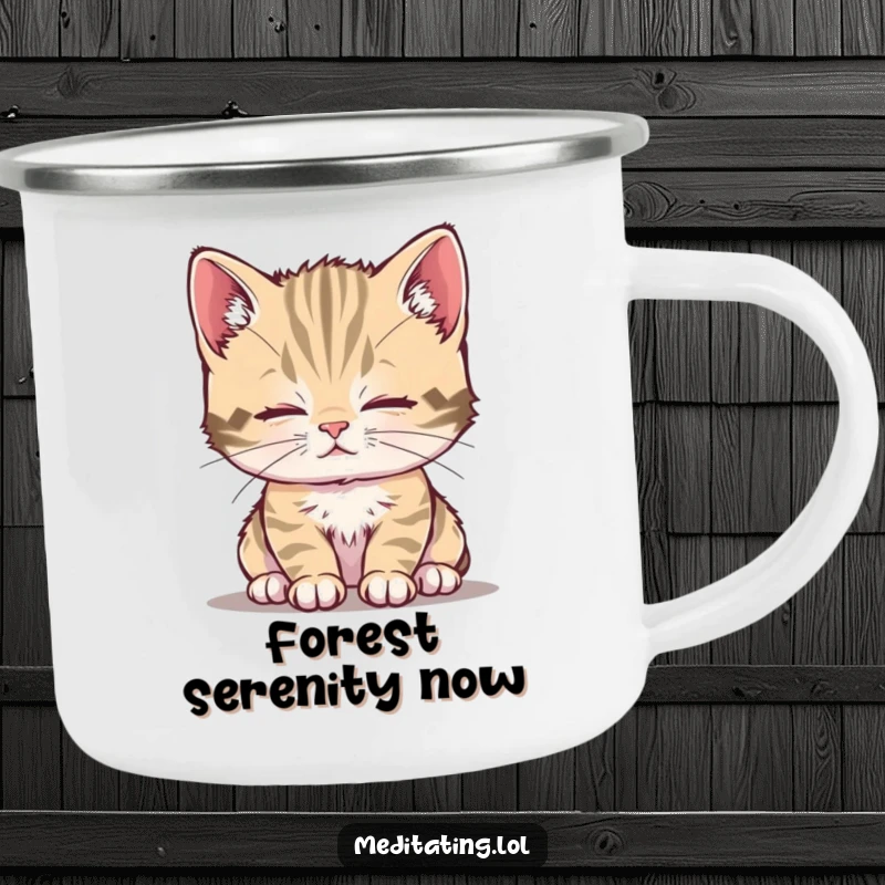 Funny kitten camping mug with a curious kitten breathing deeply, projecting calm, perfect for outdoor tranquility.