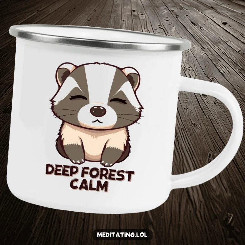 Funny camping mug featuring a determined badger taking deep, focused breaths with eyes closed, ideal for outdoor concentration.