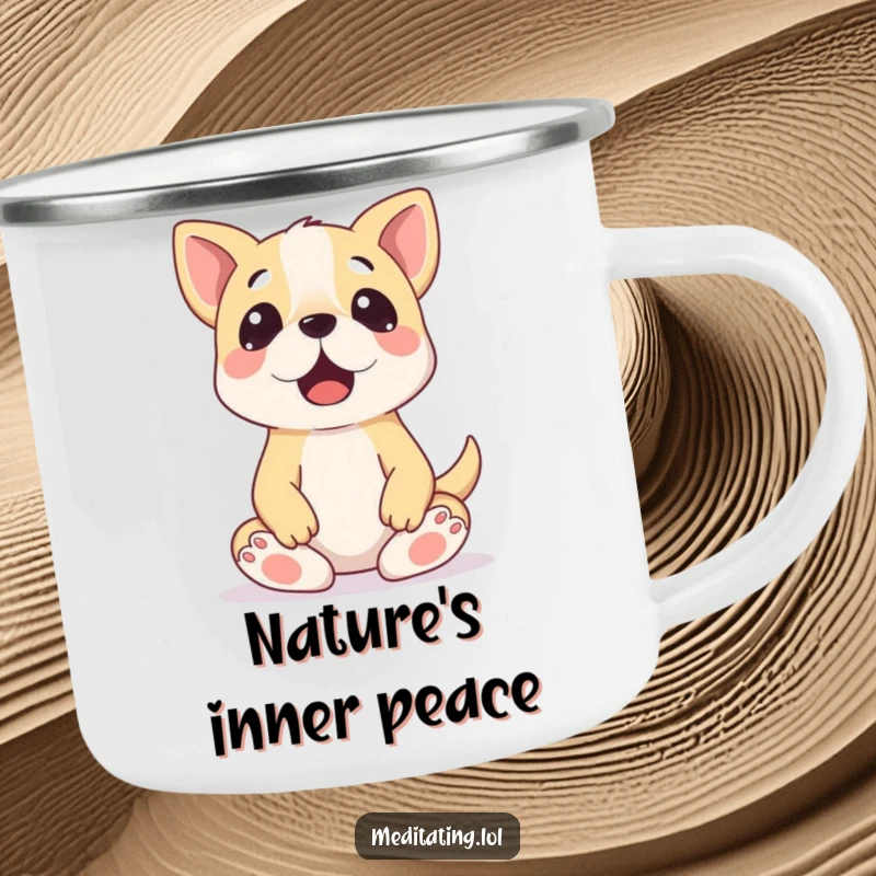 Funny Dog Meditation Camping Mug: A surprised dog in a wobbly meditation pose, perfect for durable outdoor drinkware.