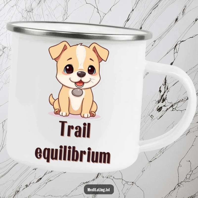 Funny dog camping mug, durable, featuring a playful dog balancing a tiny pebble on its nose, perfect for outdoor enjoyment and a funny gift.
