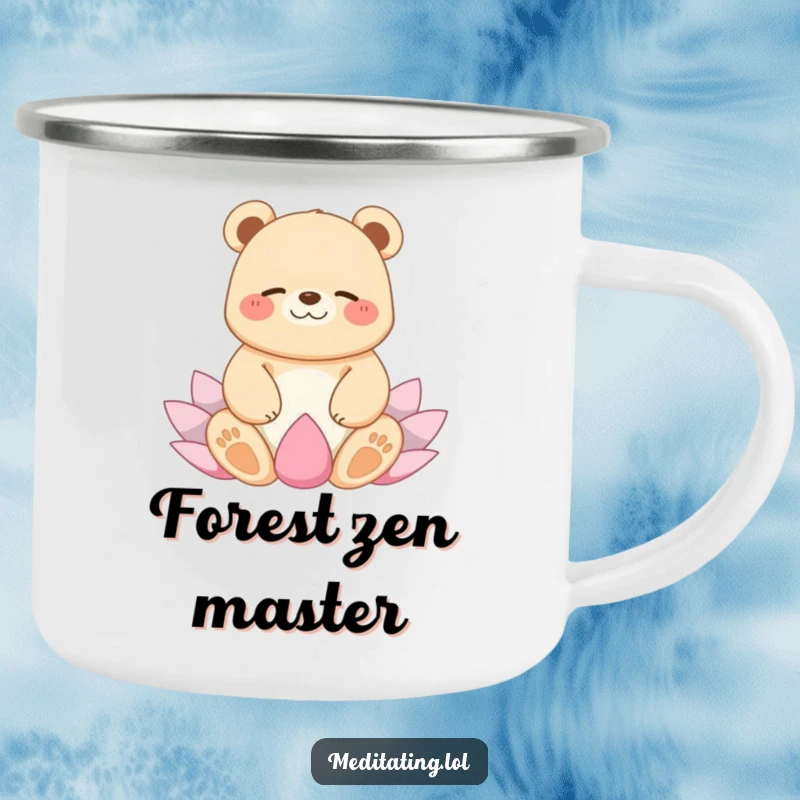 Funny camping mug with a giggling bear floating peacefully in a lotus yoga position, bringing zen to outdoor adventures.