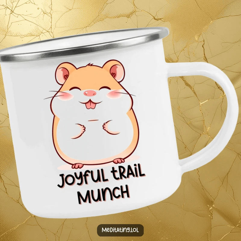 Funny camping mug featuring a giggling hamster with a peaceful smile, perfect for cheerful outdoor moments.