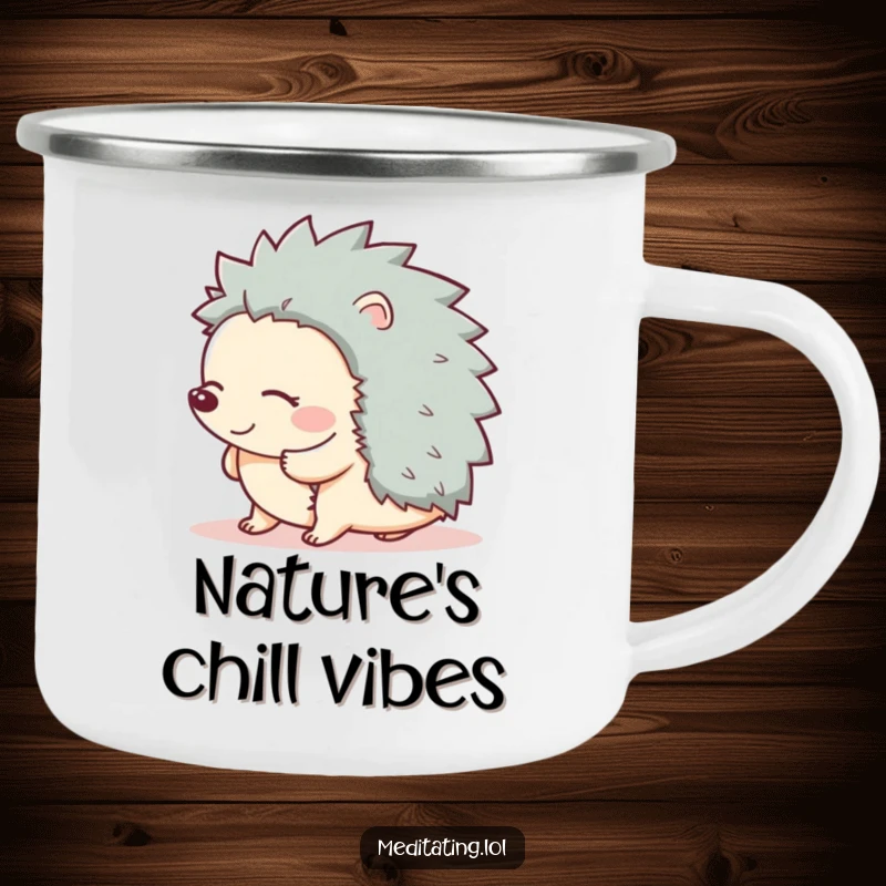 Funny enamel camping mug featuring a giggling hedgehog swaying with closed eyes, perfect for happy outdoor moments.