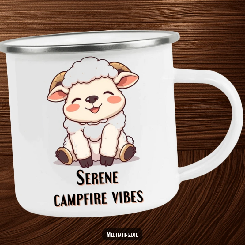 Funny camping mug with a giggling sheep in a relaxed pose, ideal for enjoying drinks outdoors with a smile.