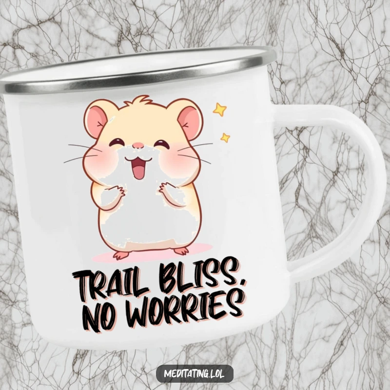 Funny hamster camping mug featuring a cheerful hamster meditating and wafting distractions, ideal for enjoying drinks outdoors with humor.