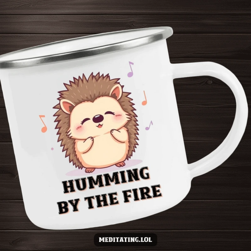 Funny Hedgehog Hum Camping Mug: Sturdy enamel cup with a cute, curious hedgehog humming a happy tune, built for outdoor fun.