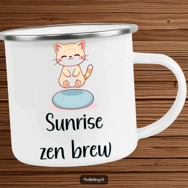 Funny Camping Mug: A cute cat levitating slightly above a meditation cushion, bringing humorous zen to outdoor moments.