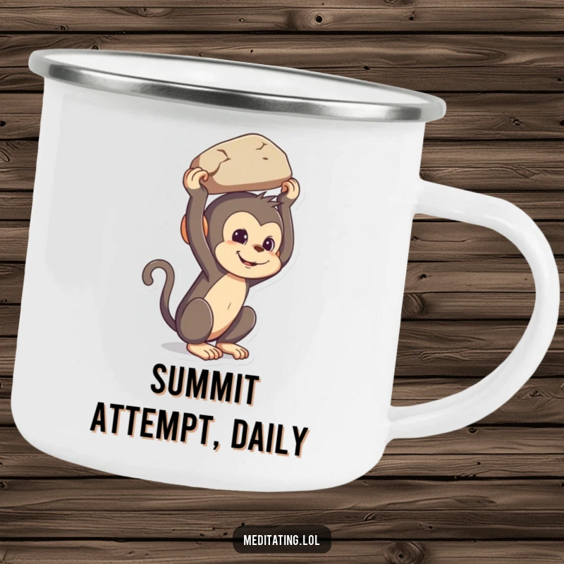 Funny mischievous monkey camping mug, illustration of a primate balancing a rock on its head, for outdoor amusement.