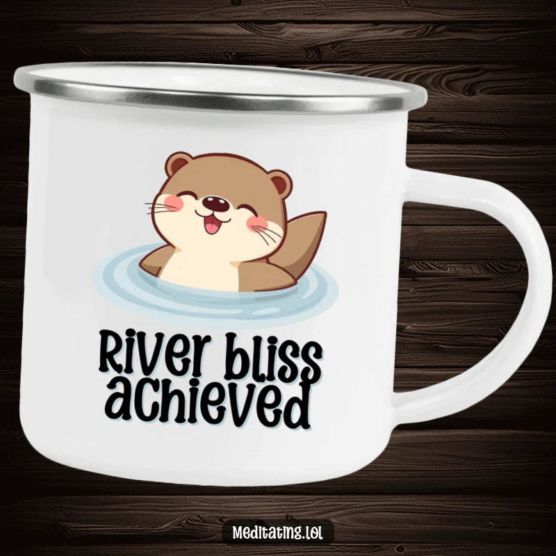 Funny camping mug with a delighted otter floating peacefully in water, perfect for enjoying drinks outdoors with a smile.